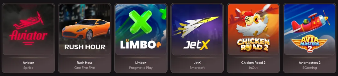 Плитки мгновенных игр EpicStar: Aviator от Spribe, Rush Hour, Limbo+, JetX, Chicken Road 2, Aviamasters 2.